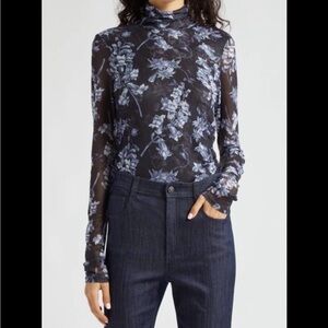 cinq a sept Sheer Floral Mock-Neck Long Sleeve Top - Black/Blue
